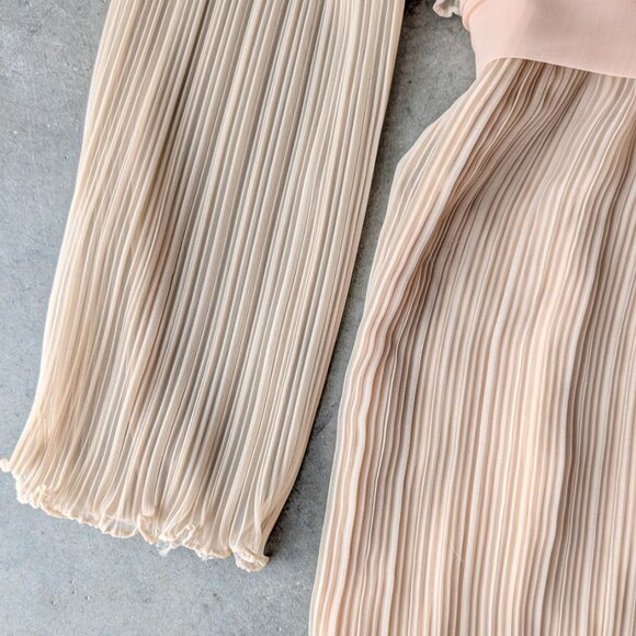 Vintage Miss Elliette Tan Beige Pleated Crinkle Maxi Dress Gown - Picture 5 of 13